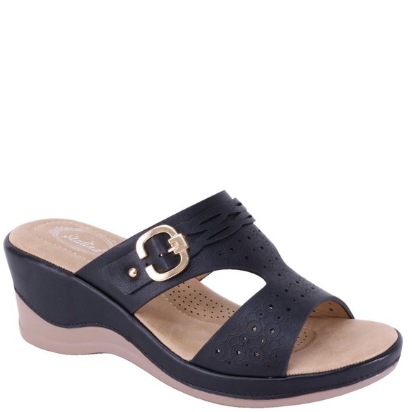 black wedge mule sandals